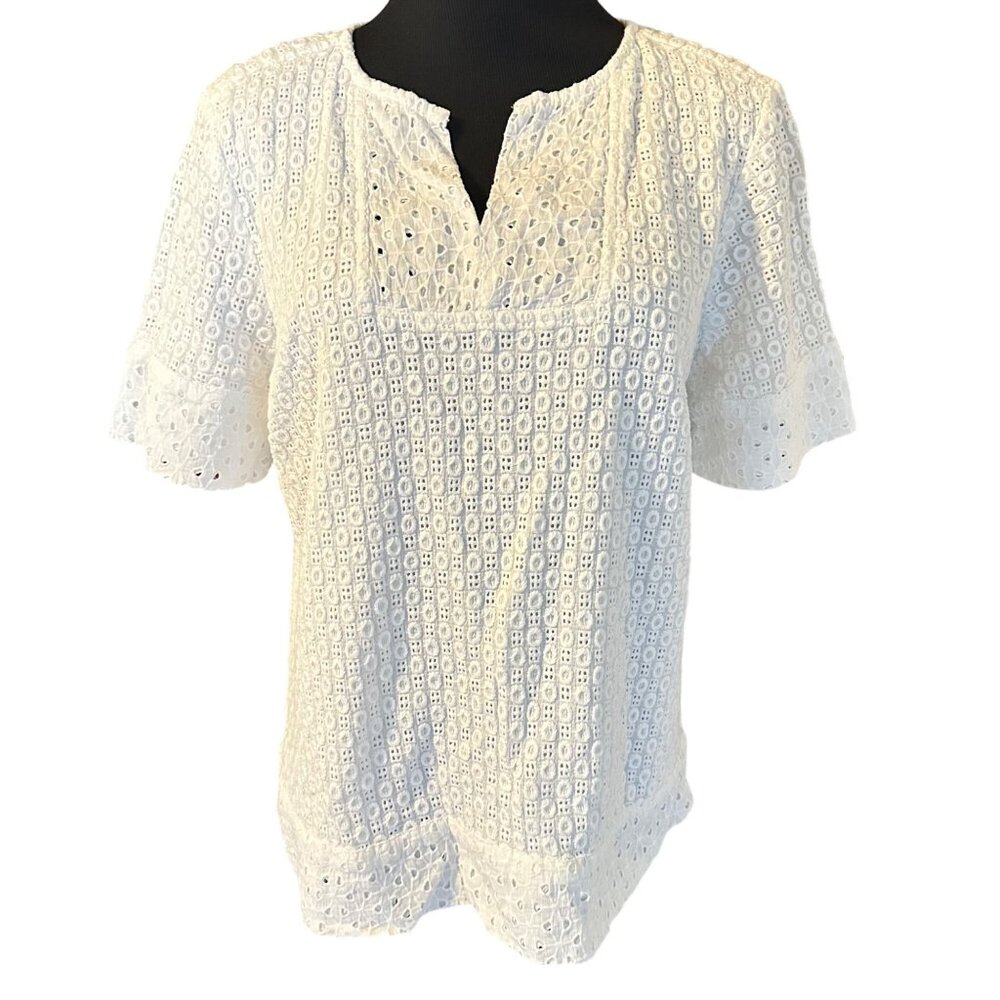 Chico's cotton v-neck white eyelet top size 1 u.s. 8/10 - Picture 4 of 7